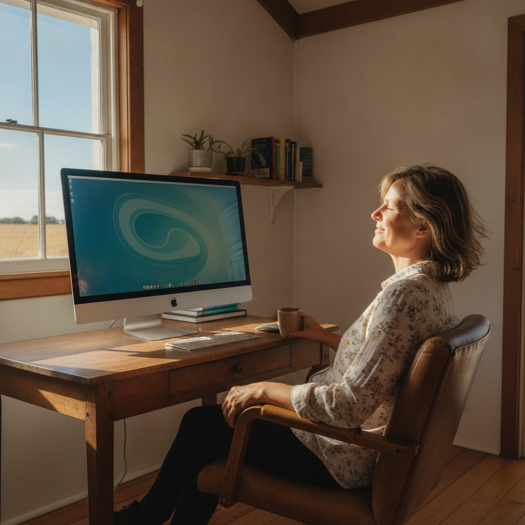 Professional computer clean-out in Wollun (2354) — a happy New South Wales resident at home with a spotless, fast, quiet machine