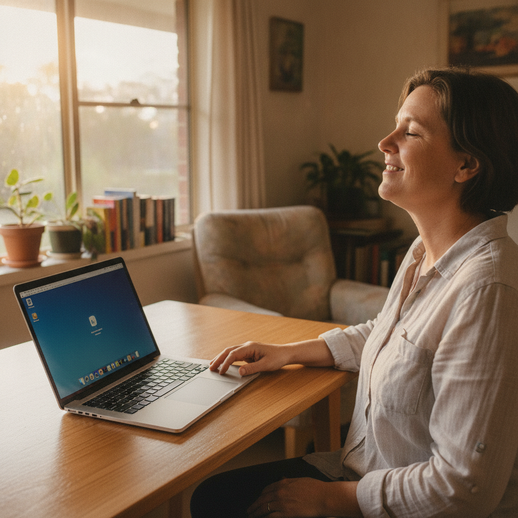 Professional computer clean-out in Wongo Creek (2346) — a happy New South Wales resident at home with a spotless, fast, quiet machine