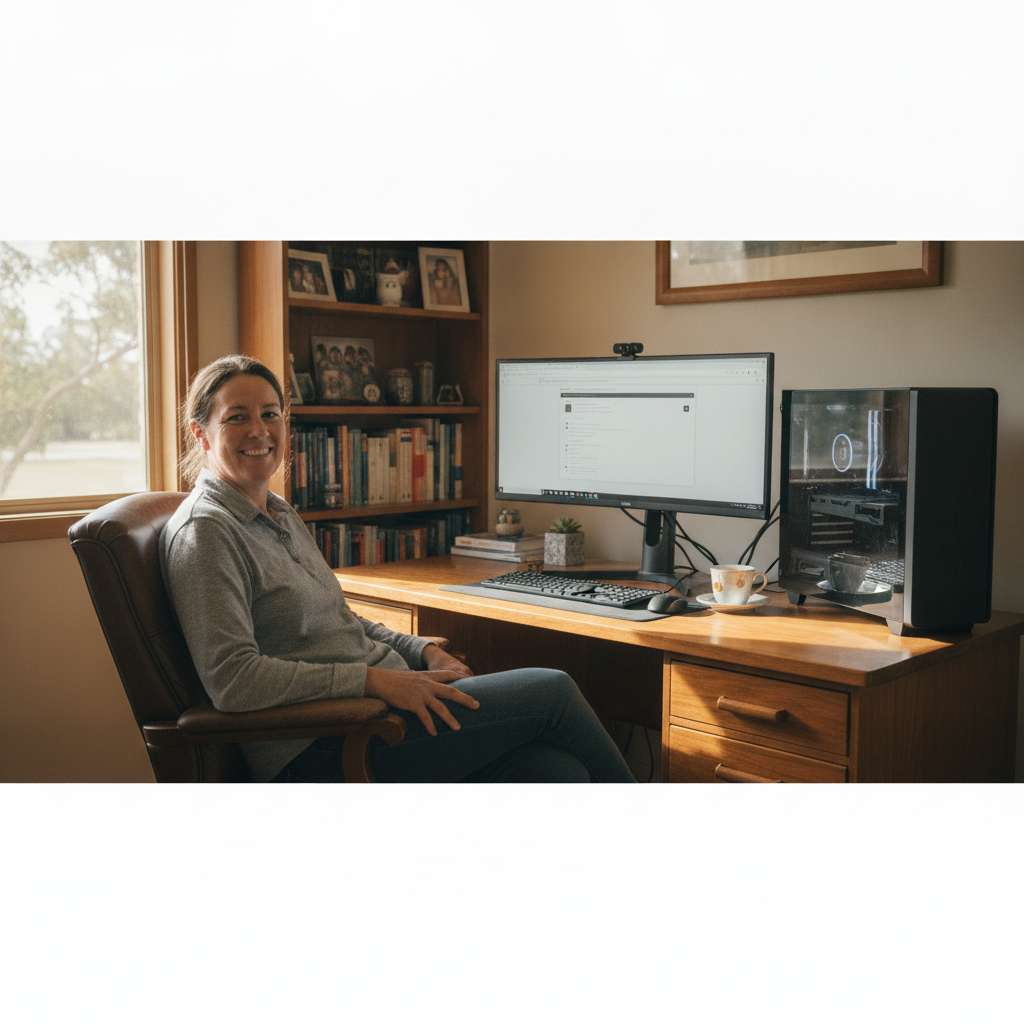 Professional computer clean-out in Wongwibinda (2350) — a happy New South Wales resident at home with a spotless, fast, quiet machine