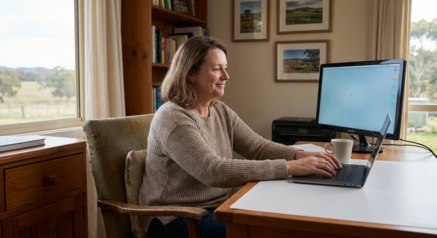 Professional computer clean-out in Woodstock (3751) — a happy Victoria resident at home with a spotless, fast, quiet machine
