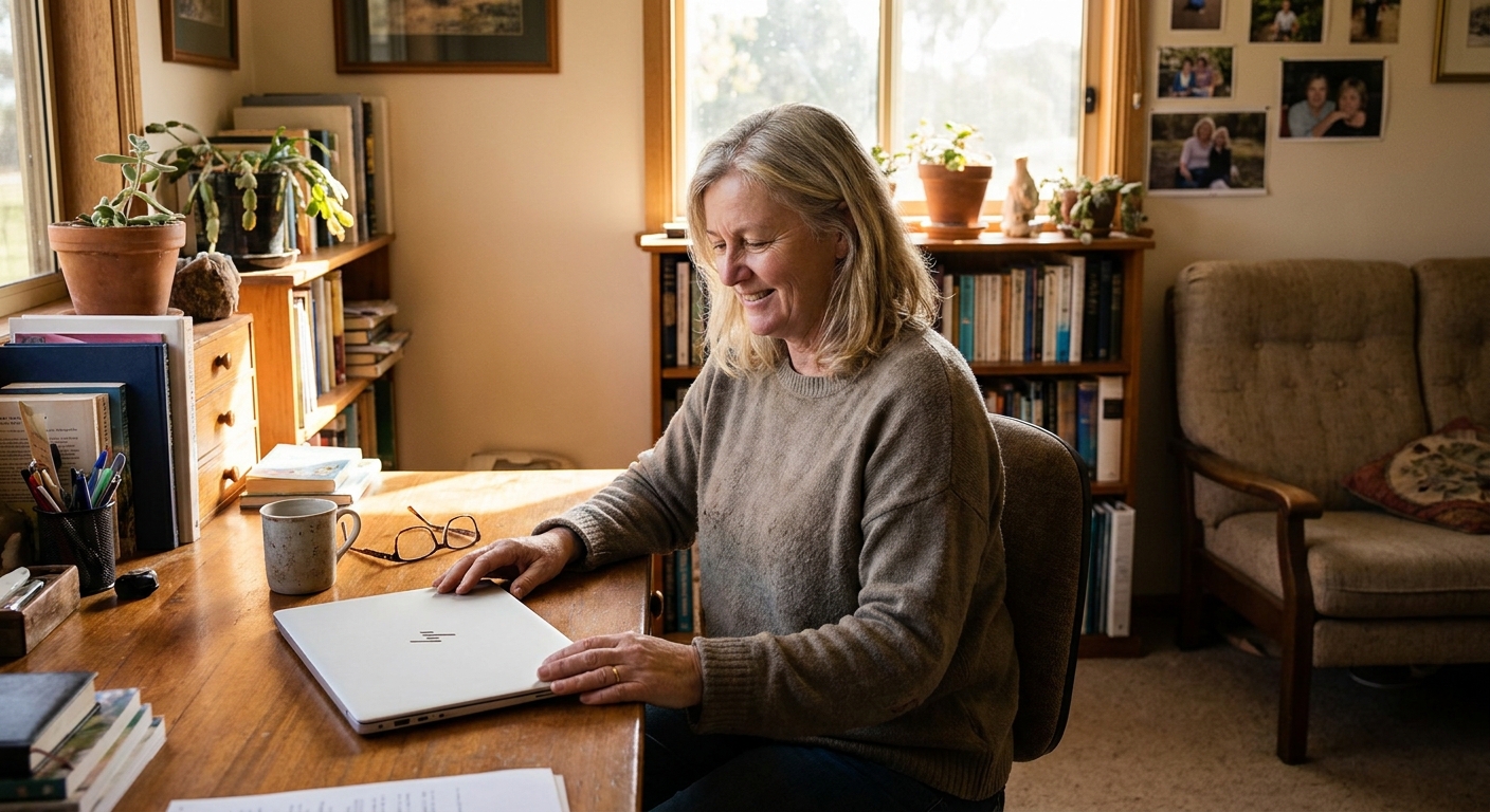 Professional computer clean-out in Woodstock On Loddon (3551) — a happy Victoria resident at home with a spotless, fast, quiet machine
