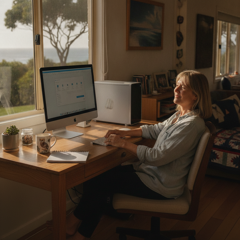 Professional computer clean-out in Woody Head (2466) — a happy New South Wales resident at home with a spotless, fast, quiet machine