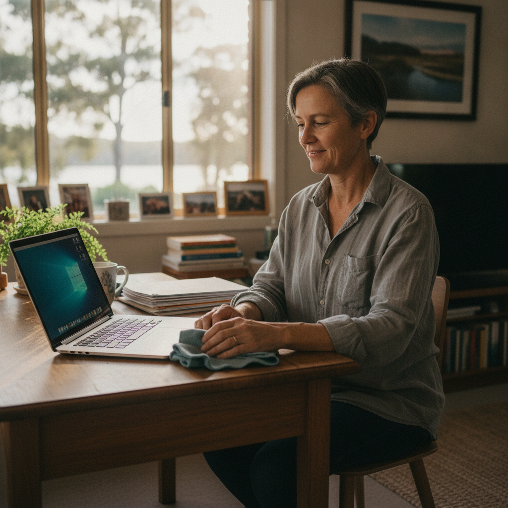 Professional computer clean-out in Woongarrah (2259) — a happy New South Wales resident at home with a spotless, fast, quiet machine