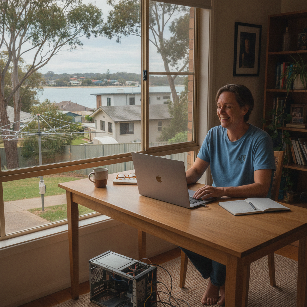Professional computer clean-out in Woy Woy Bay (2256) — a happy New South Wales resident at home with a spotless, fast, quiet machine