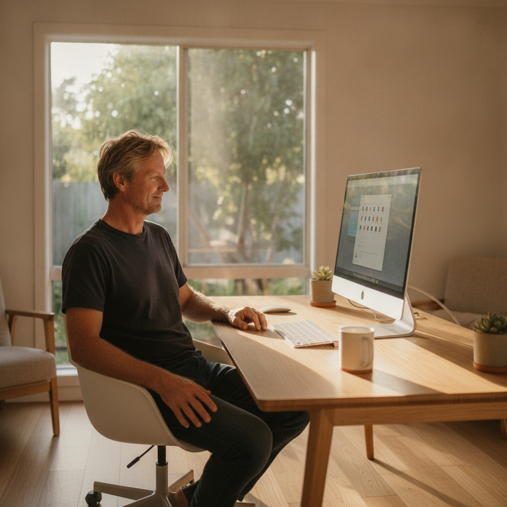 Professional computer clean-out in Yamba (2464) — a happy New South Wales resident at home with a spotless, fast, quiet machine