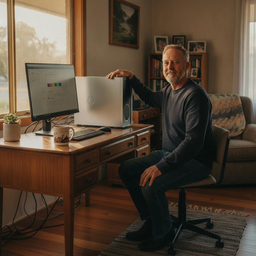 Professional computer clean-out in Yerong Creek (2642) — a happy New South Wales resident at home with a spotless, fast, quiet machine
