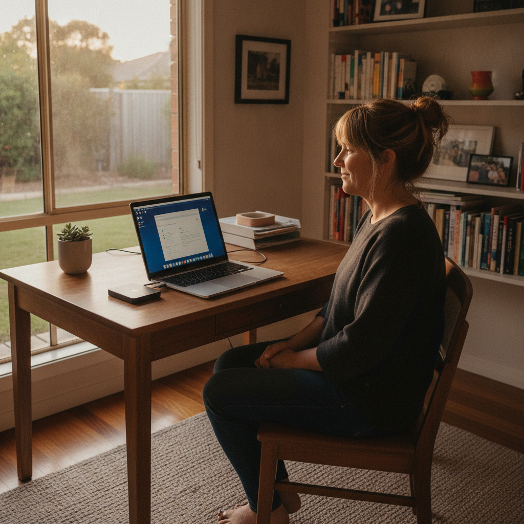 Professional computer clean-out in Yokine (6060) — a happy Western Australia resident at home with a spotless, fast, quiet machine