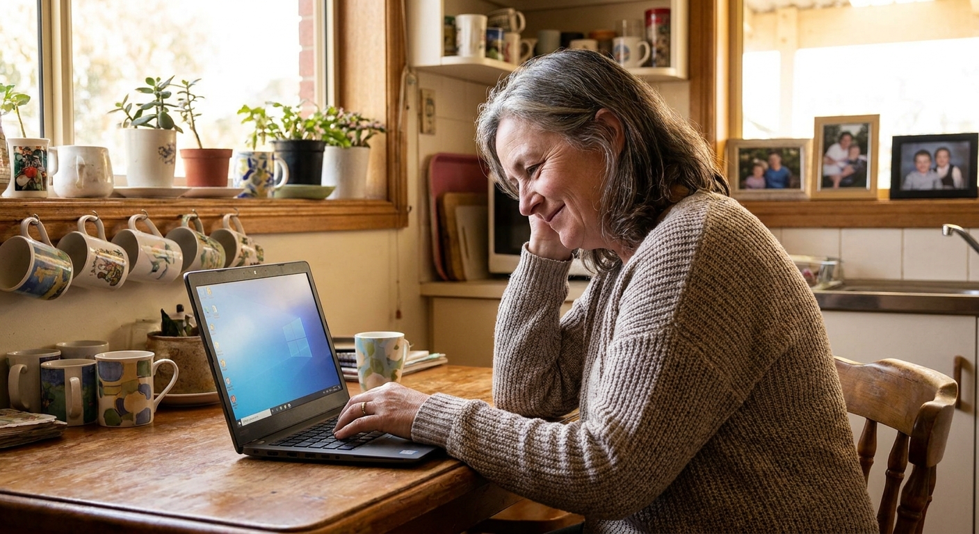 Computer repairs in Aldinga 5173 — a local resident at home, relieved their computer is working again after a fast repair