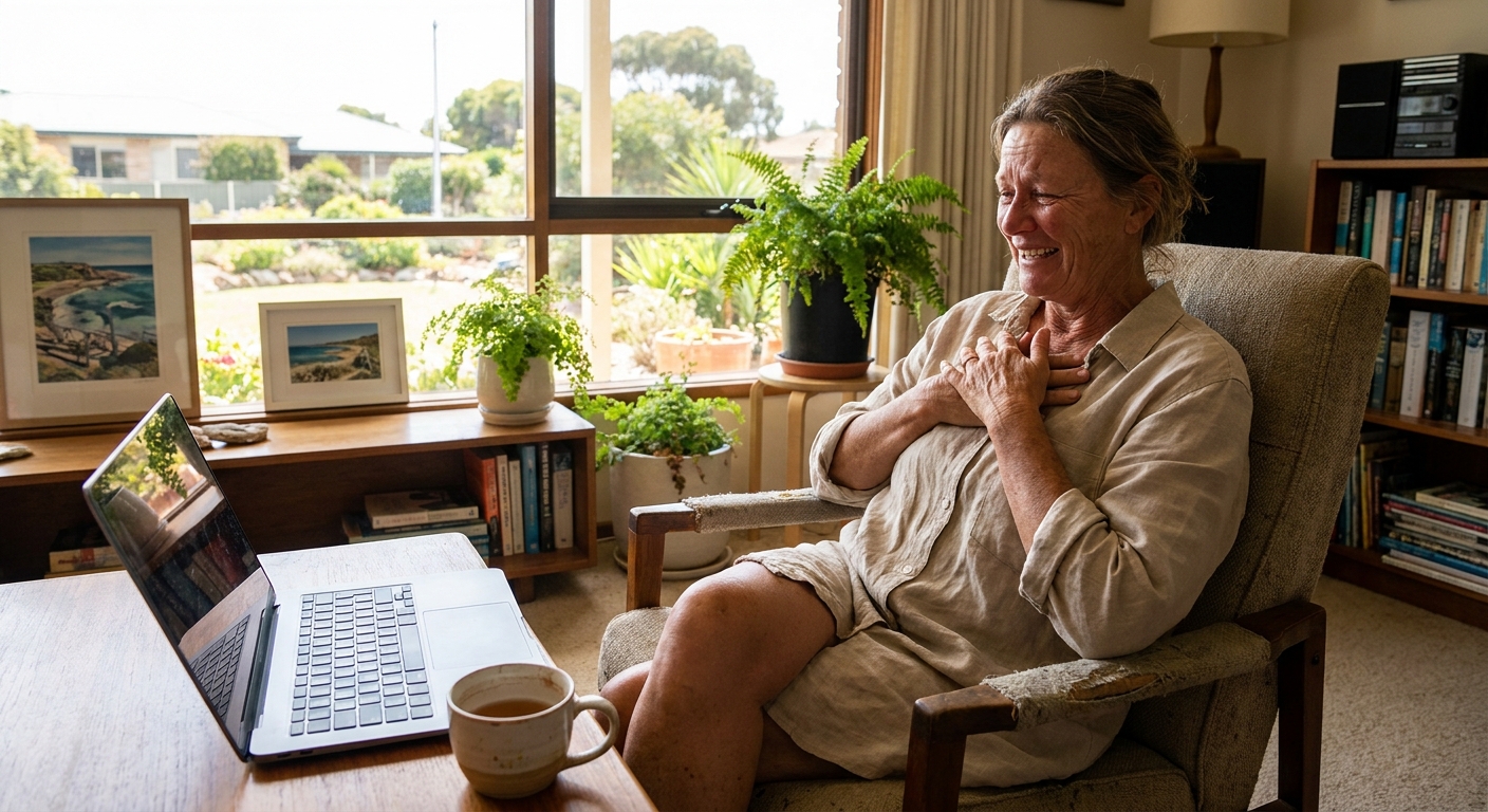 Computer repairs in Aldinga Beach 5173 — a local resident at home, relieved their computer is working again after a fast repair