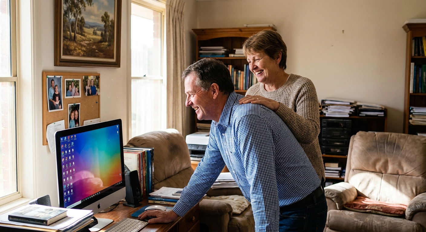 Computer repairs in Angle Vale 5117 — a local resident at home, relieved their computer is working again after a fast repair