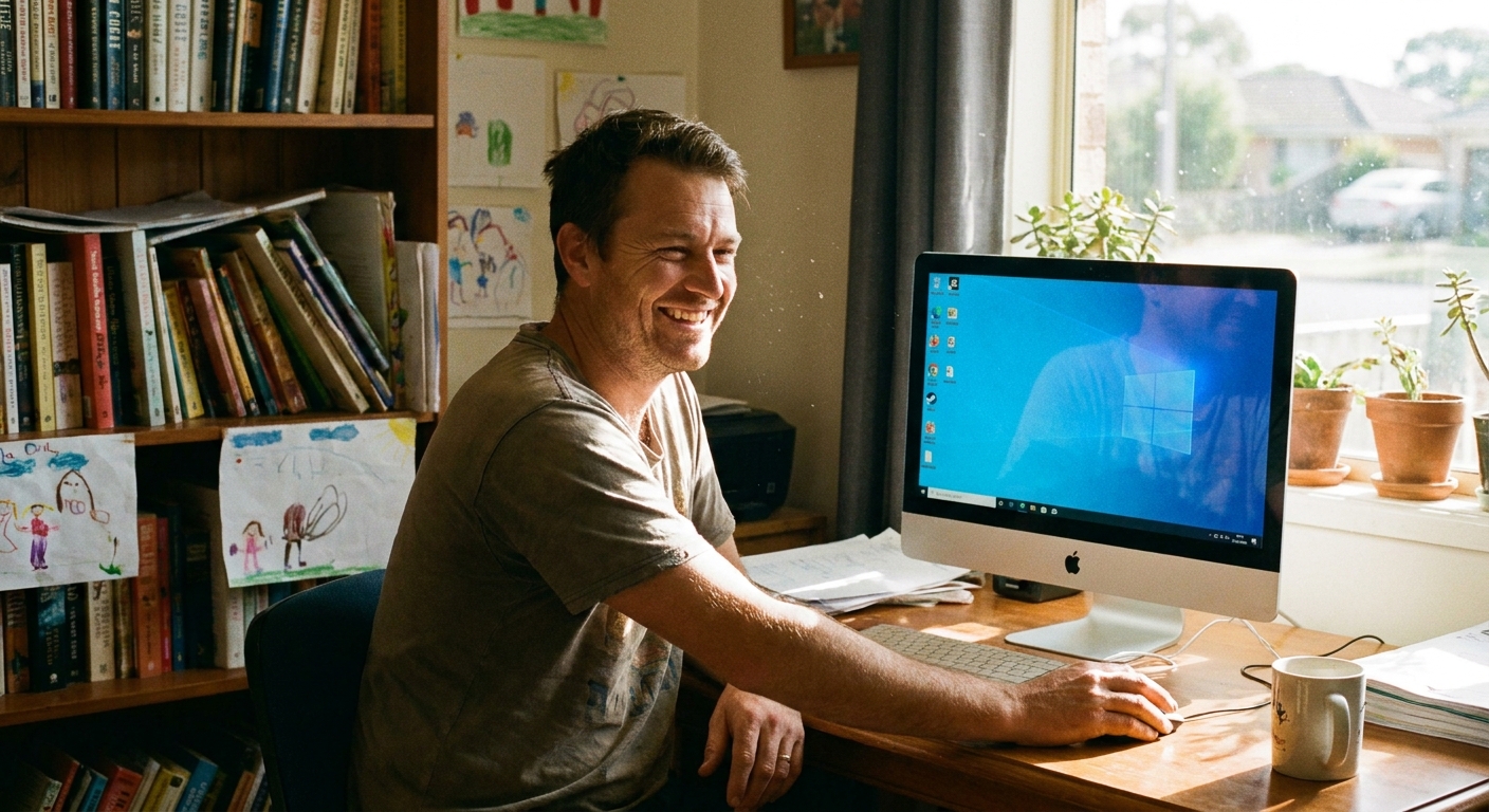 Computer repairs in Athelstone 5076 — a local resident at home, relieved their computer is working again after a fast repair