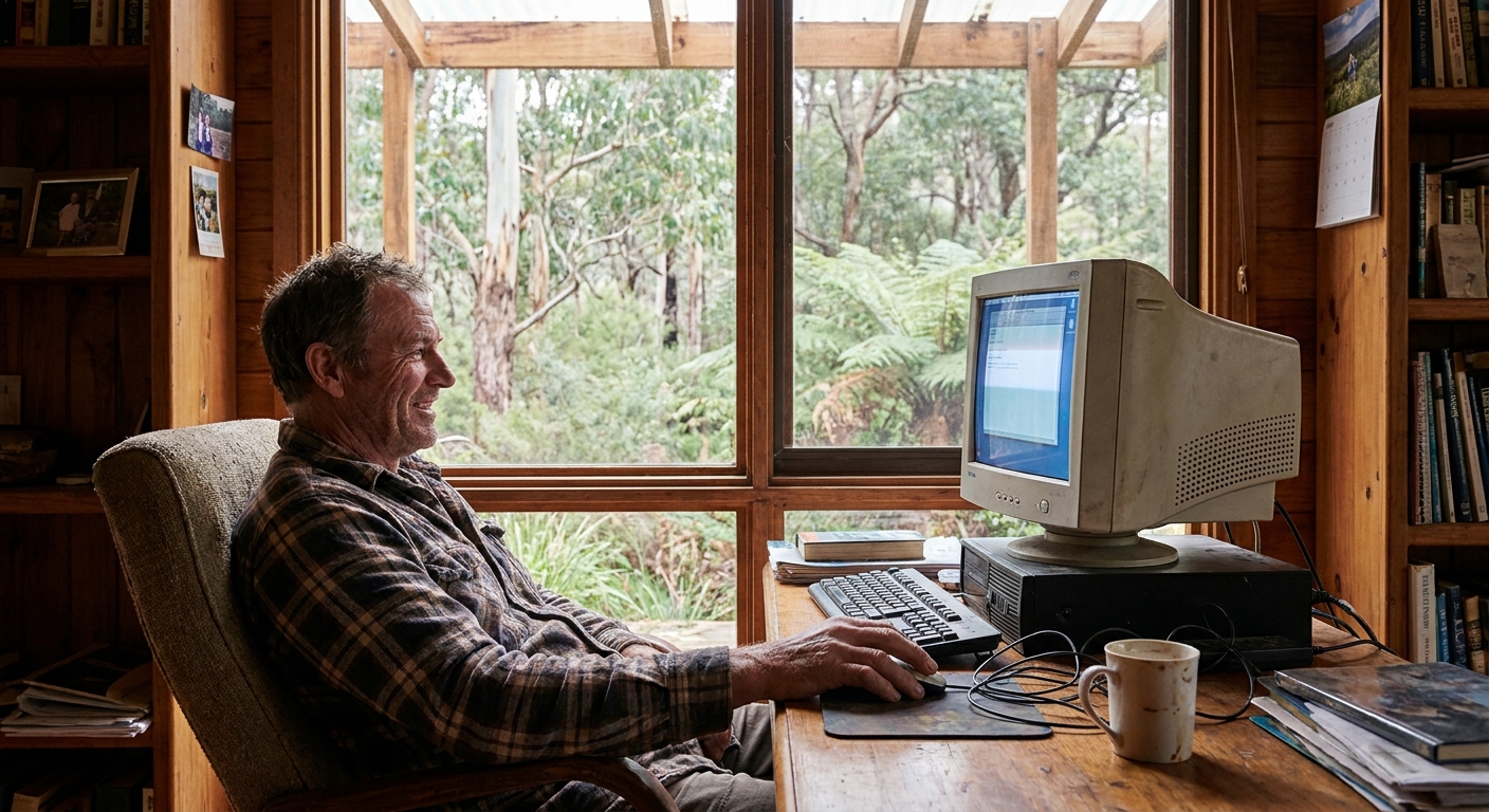 Computer repairs in Badger Creek 3777 — a local resident at home, relieved their desktop PC is working again after a repair