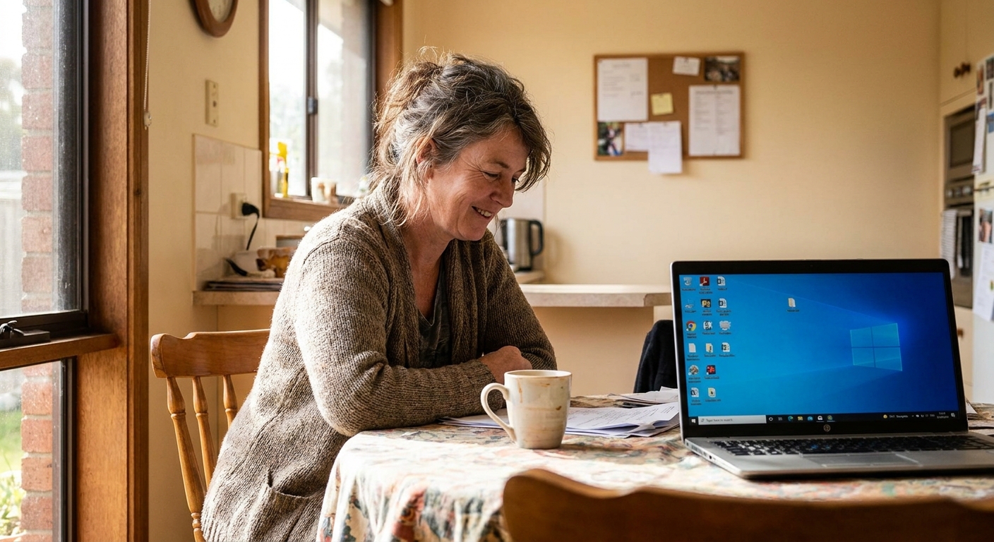 Computer repairs in Bayswater North 3153 — a local resident at home, relieved their computer is working again after a fast repair