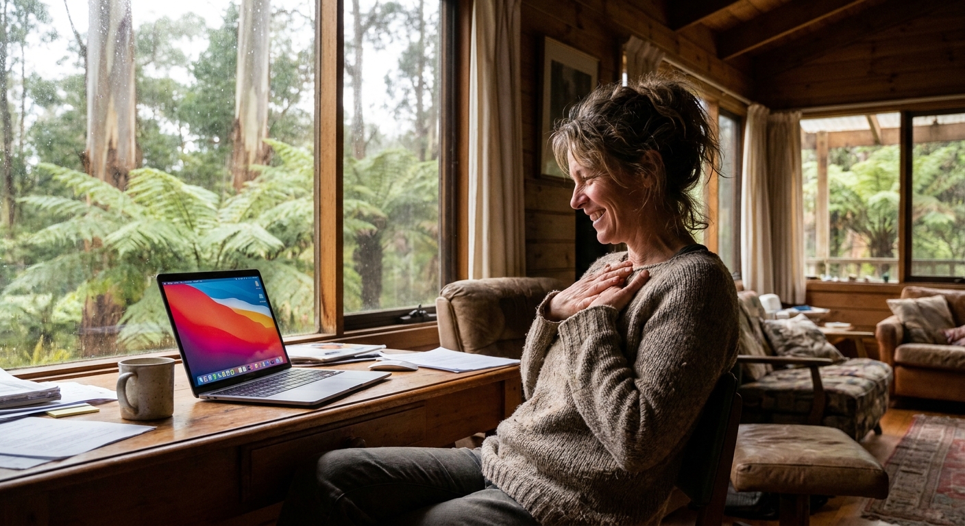 Computer repairs in Belgrave 3160 — a local resident at home, relieved their laptop is working again after a fast repair