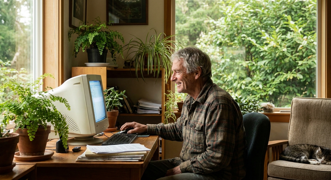 Computer repairs in Belgrave South 3160 — a local resident at home, relieved their desktop computer is working again after a repair