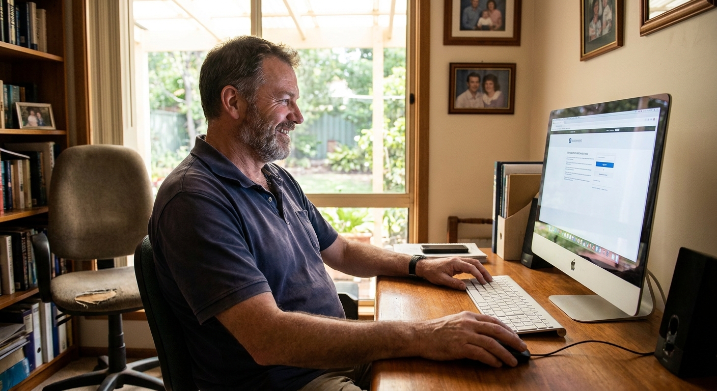 Computer repairs in Bellevue Heights 5050 — a local resident at home, relieved their computer is working again after a fast repair
