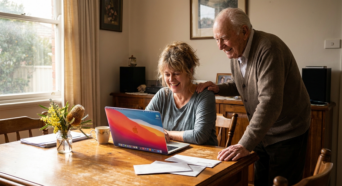 Computer repairs in Box Hill South 3128 — a local resident at home, relieved their computer is working again after a fast repair