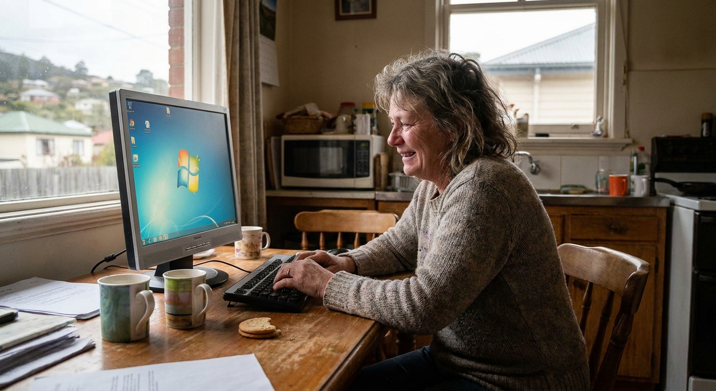 Computer repairs in Chigwell 7011 — a local resident at home, relieved their computer is working again after a fast repair