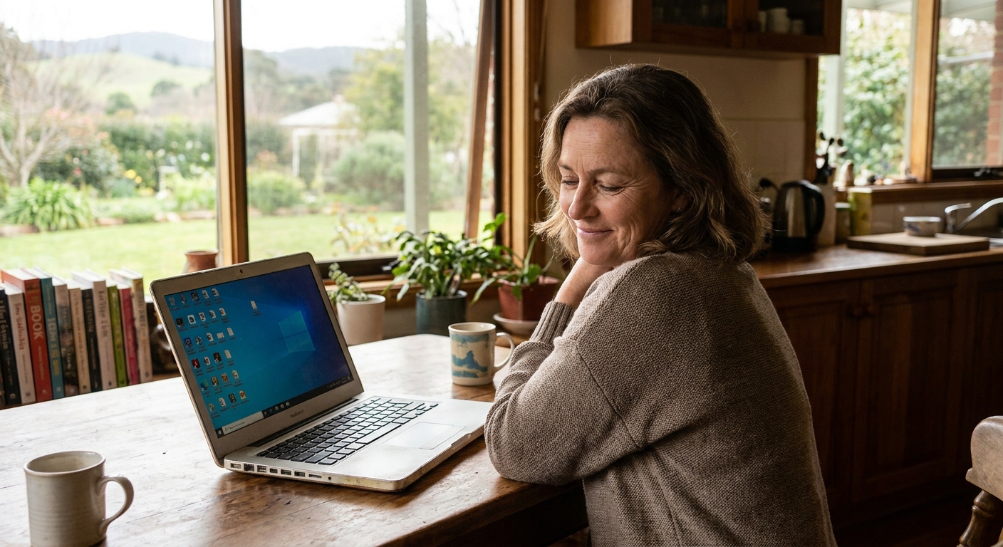 Computer repairs in Coldstream 3770 — a local resident at home, relieved their computer is working again after a fast repair