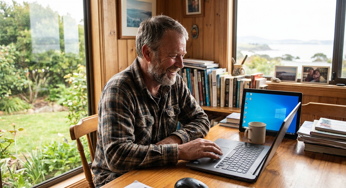 Computer repairs in Dowsing Point 7010 — a local resident at home, relieved their computer is working again after a fast repair