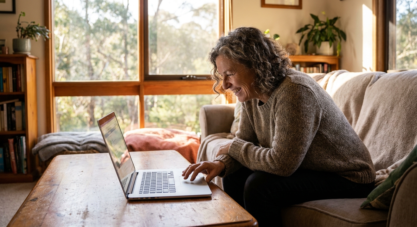 Computer repairs in Ferny Creek 3786 — a local resident at home, relieved their computer is working again after a fast repair