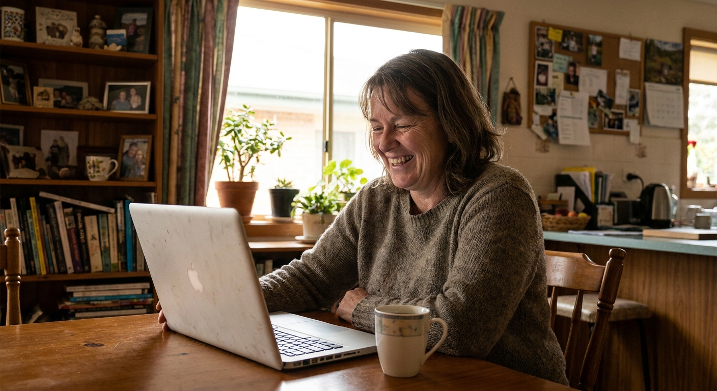 Computer repairs in Huntingfield 7055 — a local resident at home, relieved their computer is working again after a fast repair