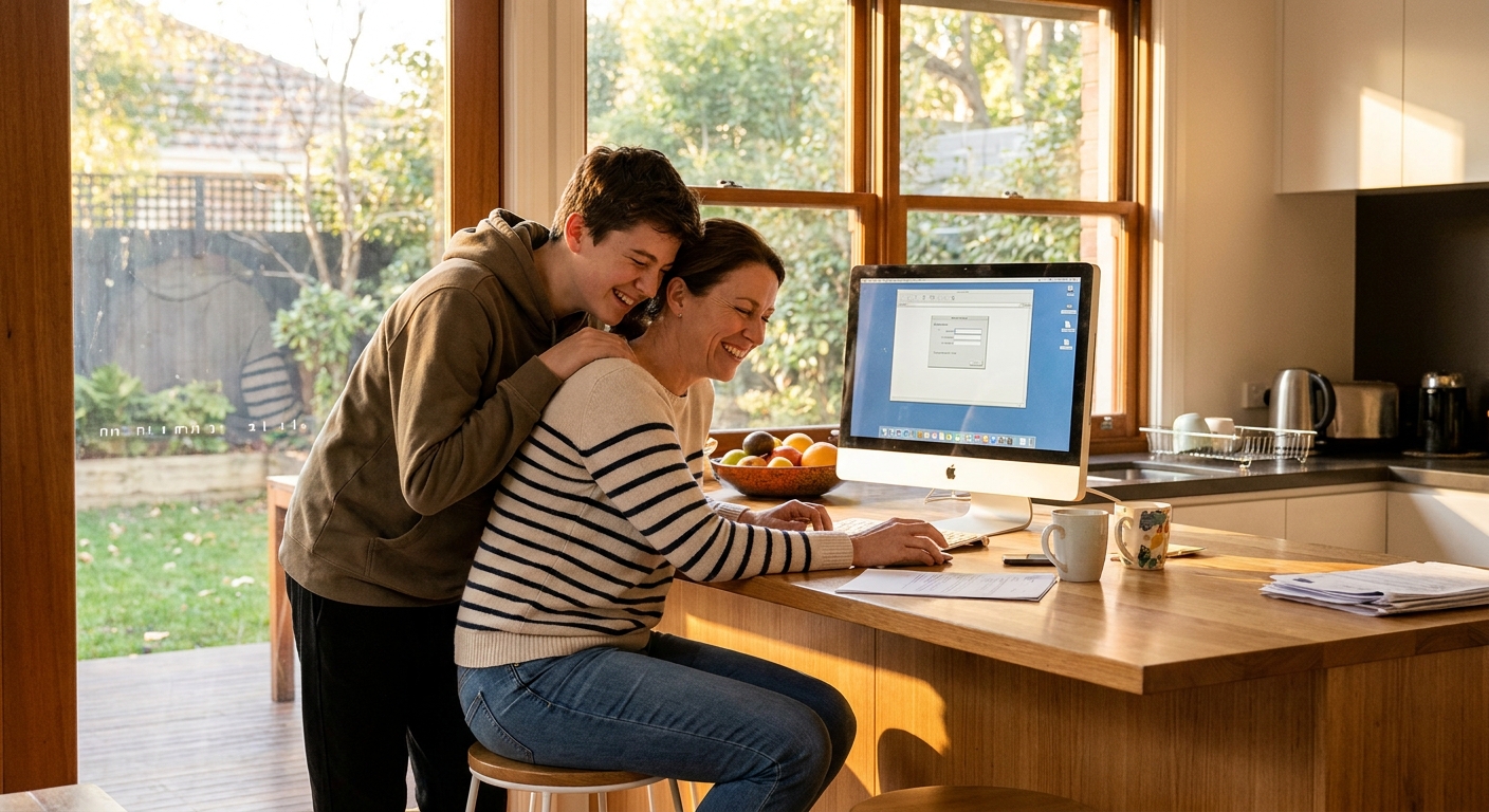 Computer repairs in Kew 3101 — a local resident at home, relieved their computer is working again after a fast repair