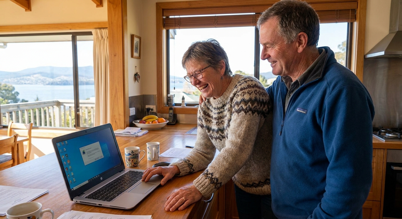 Computer repairs in Lower Sandy Bay 7005 — a local resident at home, relieved their computer is working again after a fast repair