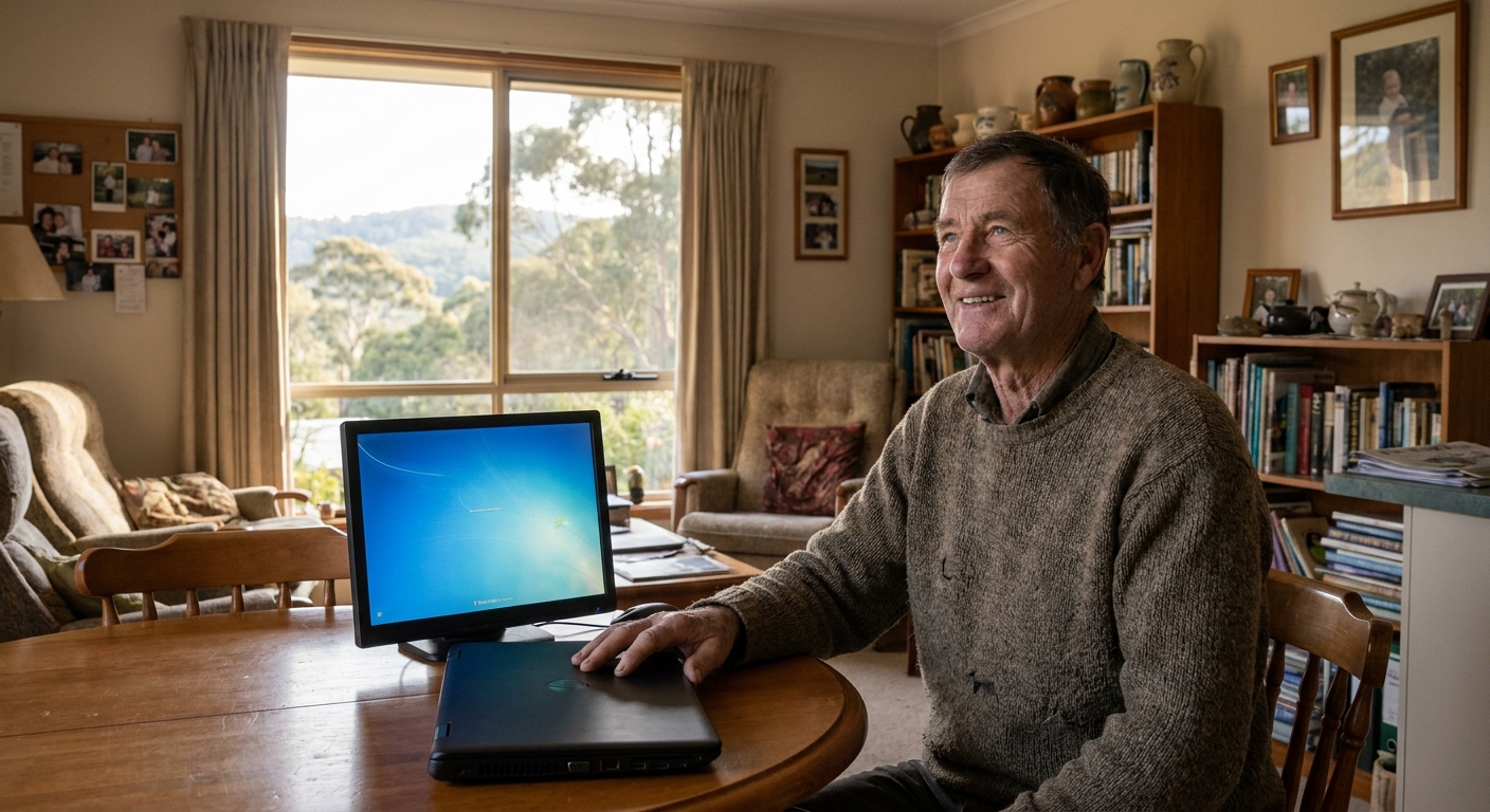 Computer repairs in Monbulk 3793 — a local resident at home, relieved their computer is working again after a fast repair
