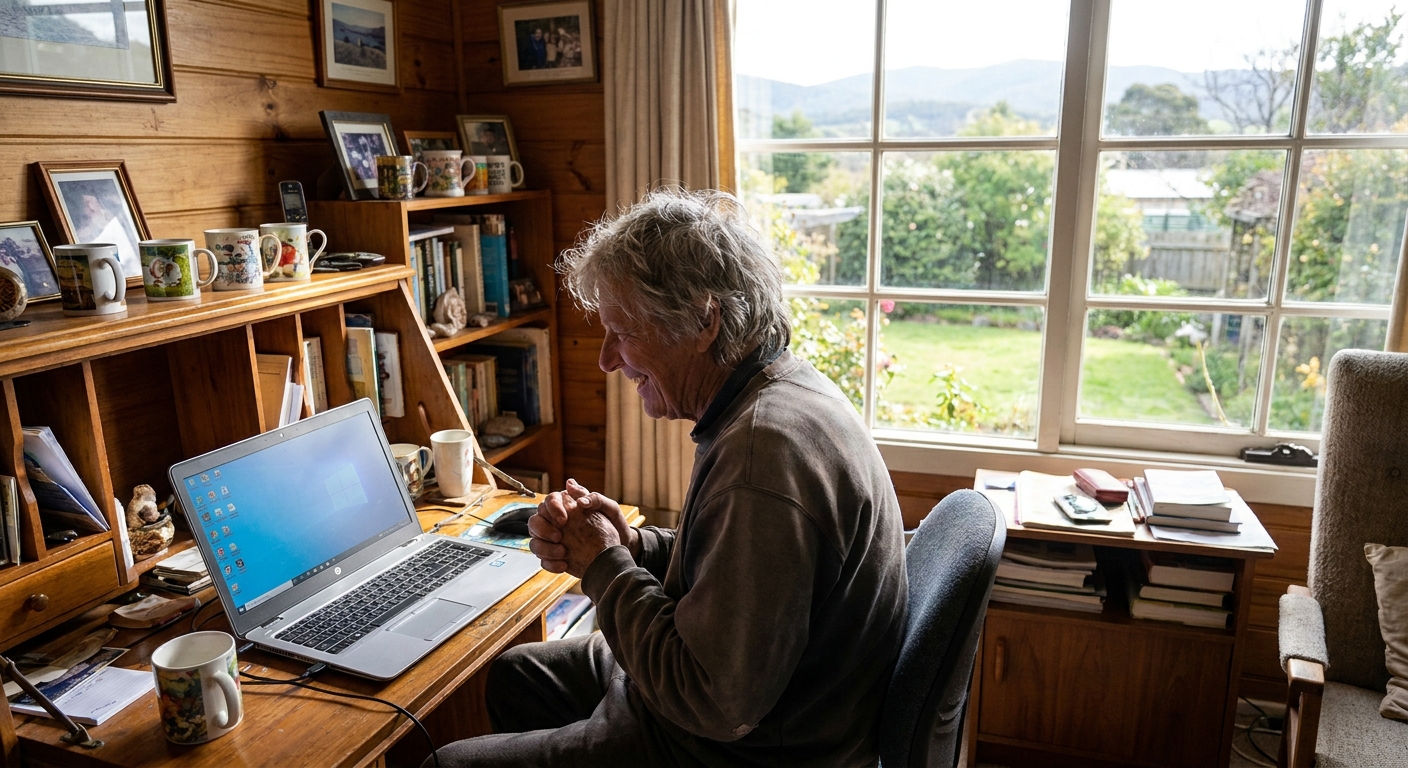 Computer repairs in Mornington 7018 — a local resident at home, relieved their computer is working again after a fast repair