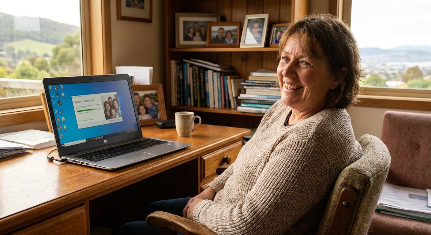 Computer repairs in Mount Stuart 7000 — a local resident at home, relieved their computer is working again after a fast repair