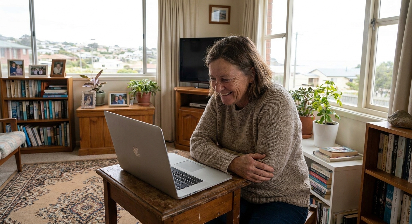 Computer repairs in Old Beach 7017 — a local resident at home, relieved their computer is working again after a fast repair