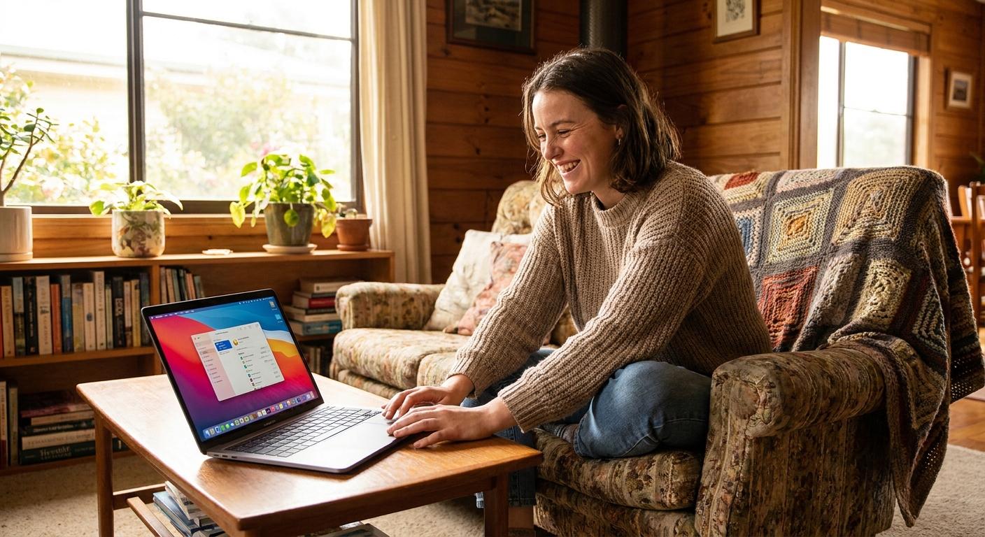 Computer repairs in Otago 7017 — a local resident at home, relieved their computer is working again after a fast repair