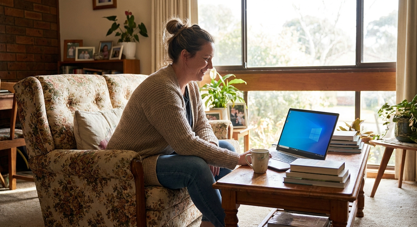 Computer repairs in Ringwood North 3134 — a local resident at home, relieved their computer is working again after a fast repair