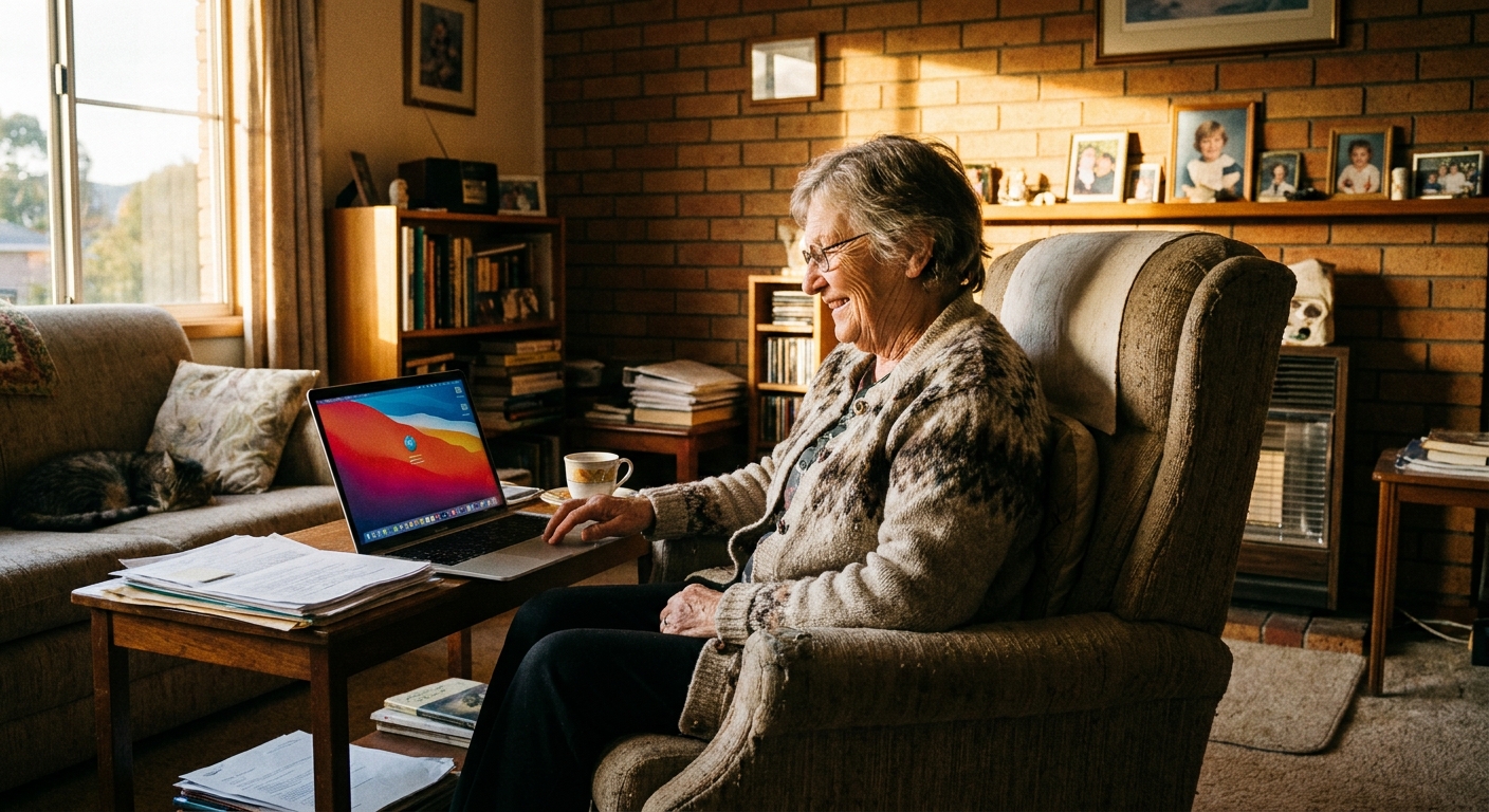 Computer repairs in Risdon Vale 7016 — a local resident at home, relieved their computer is working again after a fast repair