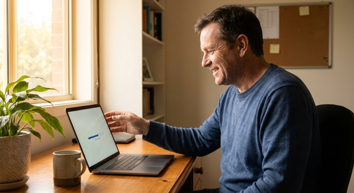 Computer repairs in Scoresby 3179 — a local resident at home, relieved their laptop is working again after a fast repair
