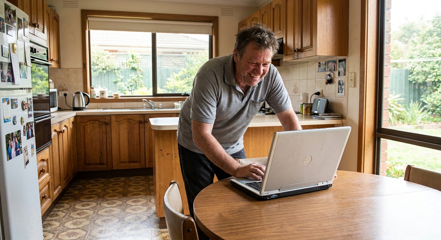 Computer repairs in Vermont South 3133 — a local resident at home, relieved their computer is working again after a fast repair