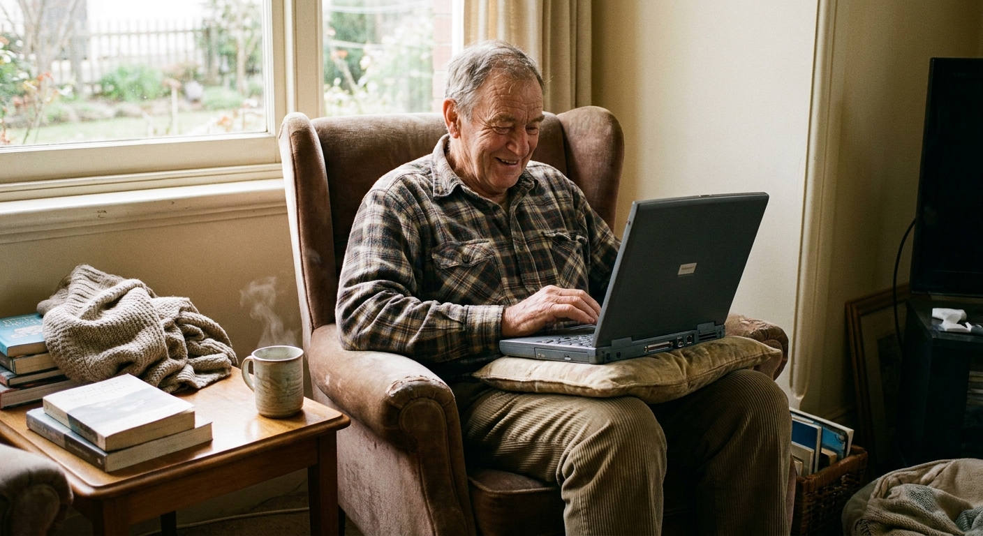 Computer repairs in West Hobart 7000 — a local resident at home, relieved their computer is working again after a fast repair