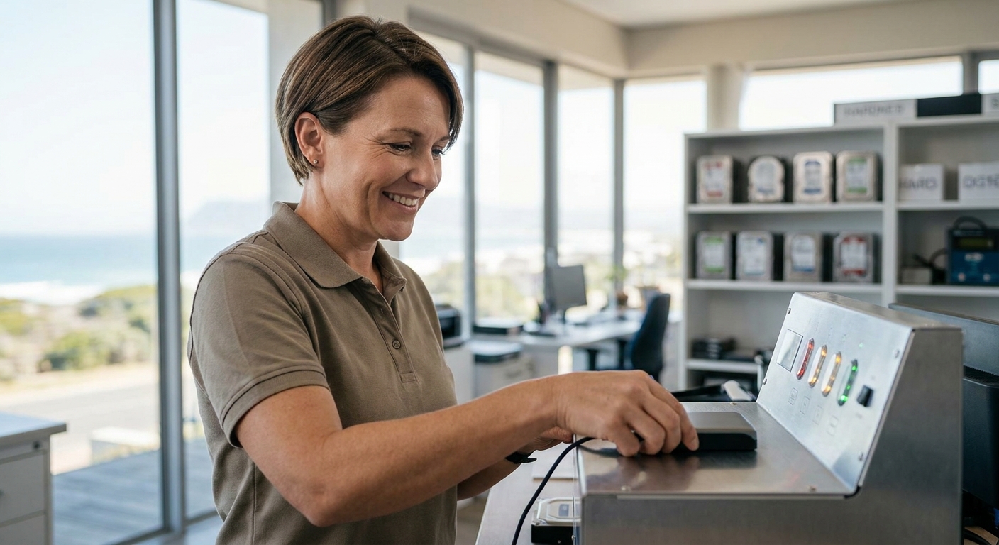 Data recovery technician on the Central Coast connecting an external hard drive for recovery
