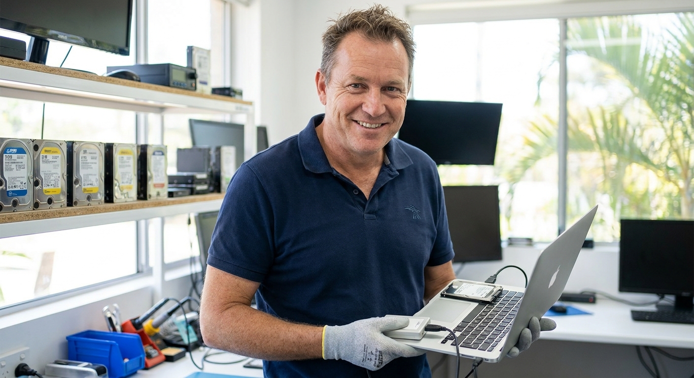 Data recovery technician on the Gold Coast recovering data from a laptop SSD