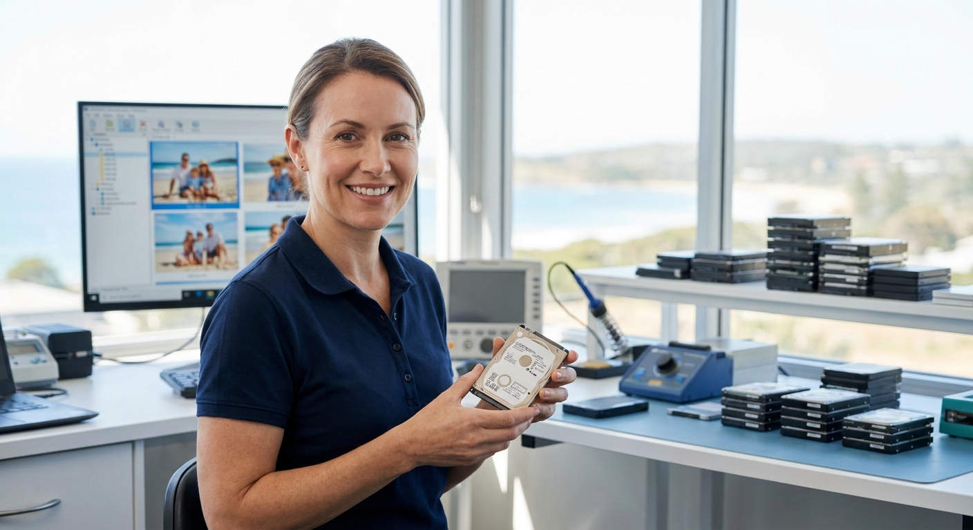 Data recovery technician on the Sunshine Coast recovering photos from a laptop hard drive
