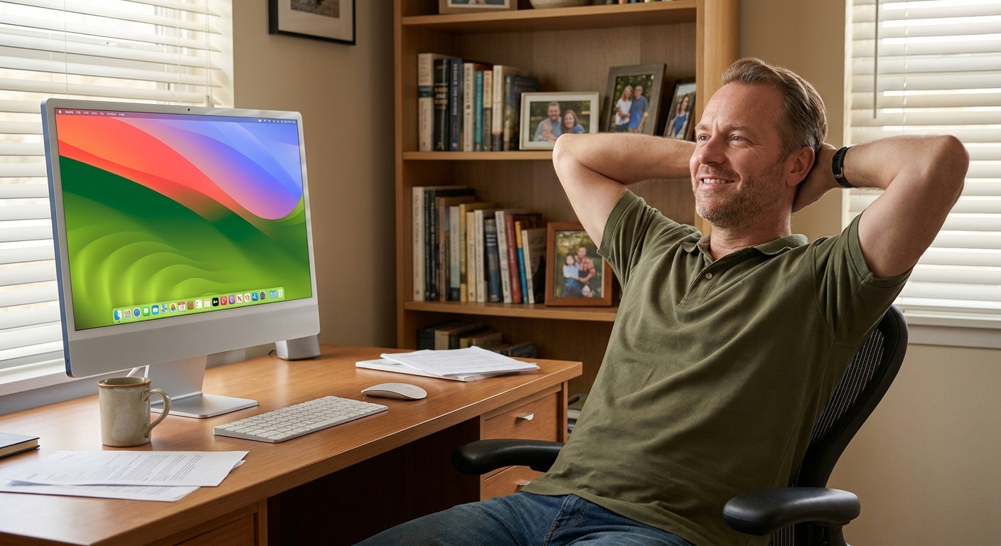 Satisfied customer relaxing beside a modern iMac on the latest macOS after an upgrade by The Original PC Doctor