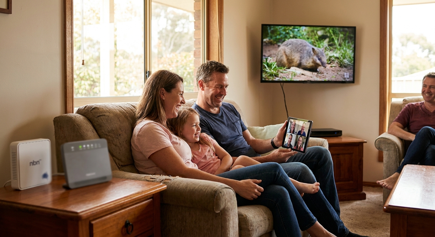 NBN FTTP setup — a happy household at home enjoying fast, reliable fibre internet on every device at once