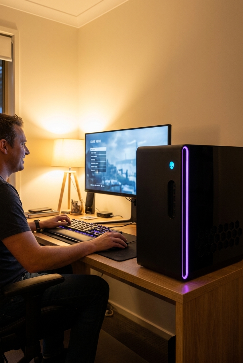 Alienware Aurora repair - the actual Alienware Aurora gaming tower running at home, owner seated using it beside a monitor