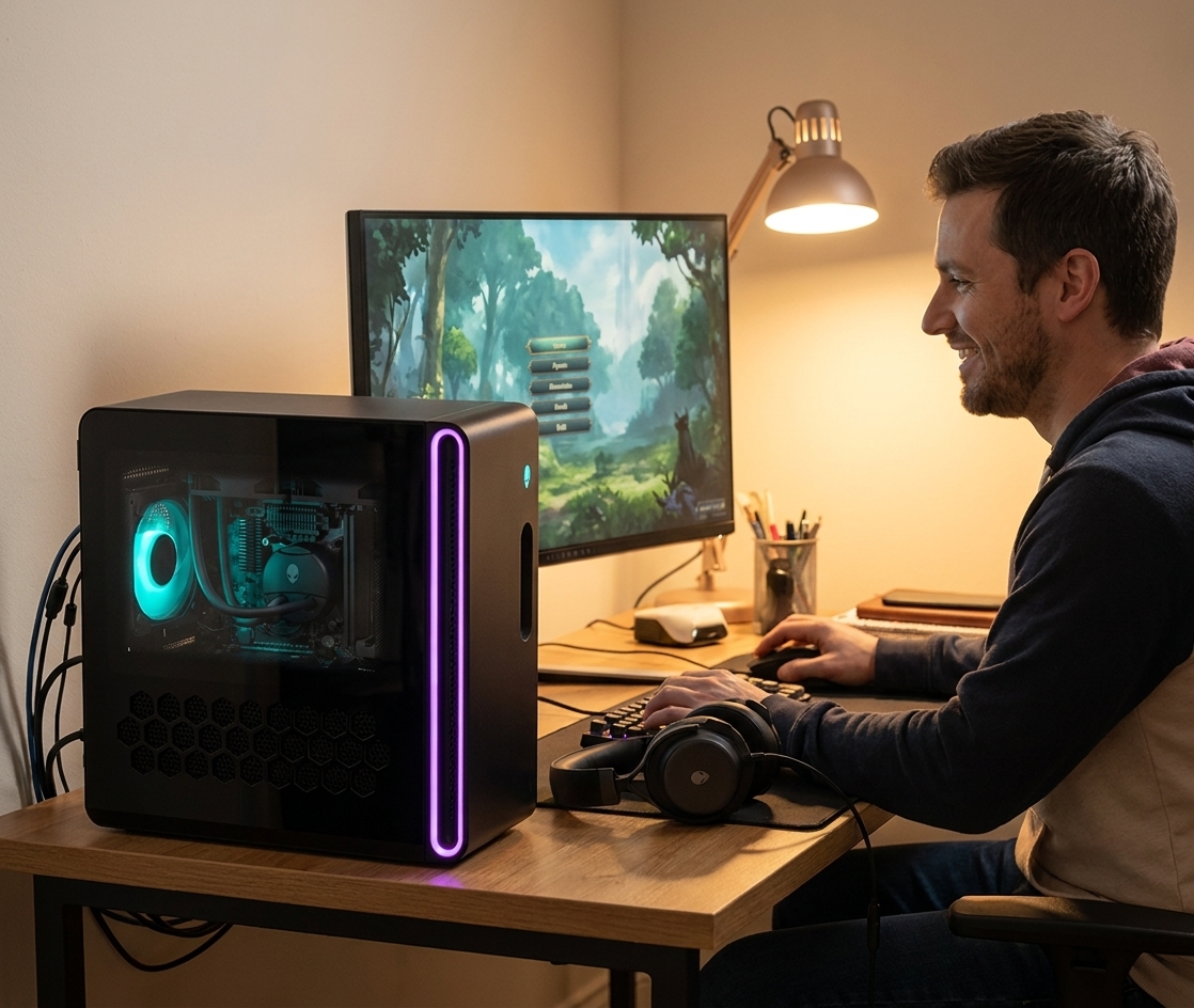 Alienware Aurora R16 repair - the actual Aurora R16 gaming tower running at home, owner seated using it beside a monitor