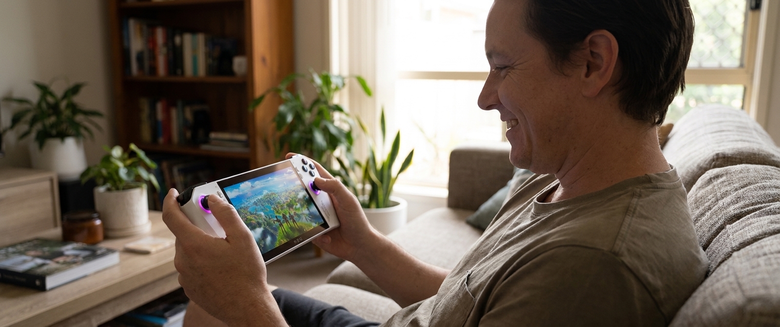ASUS ROG Ally repair - the actual ASUS ROG Ally handheld held at home, owner playing and smiling