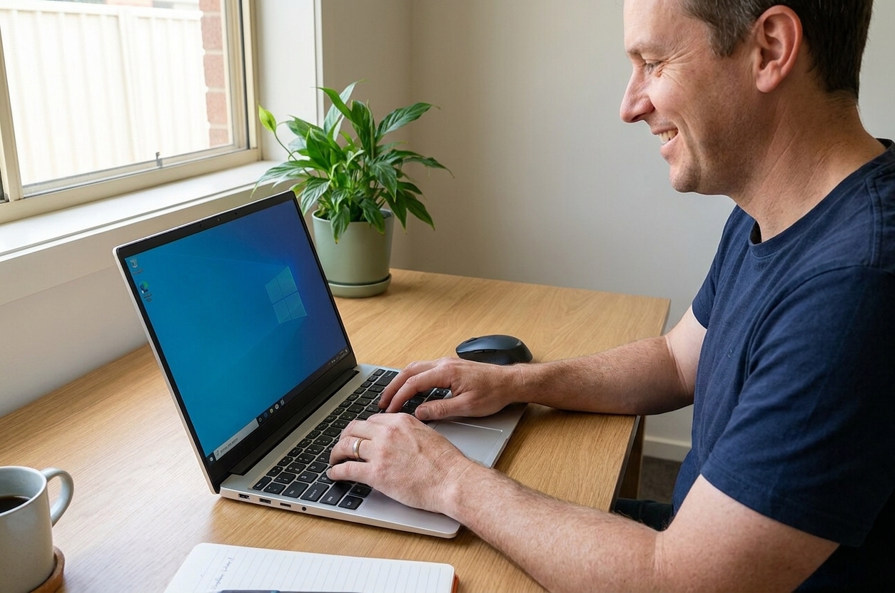 Framework Laptop 13 repair - the actual Framework Laptop 13 at home, owner using it and running smoothly