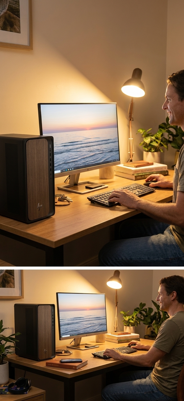 HP Pavilion Desktop 595 repair - the actual HP Pavilion Desktop 595 at home, owner using it and running smoothly