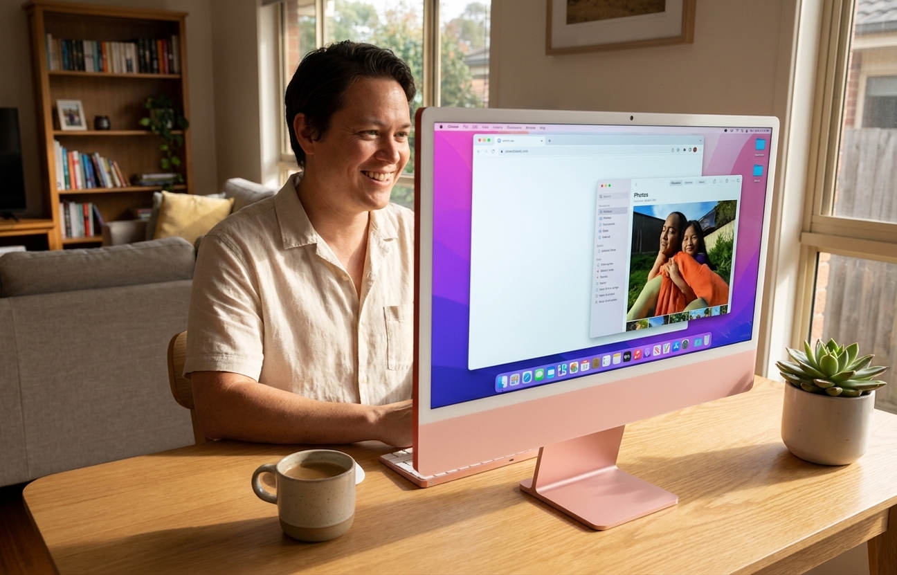 Apple iMac repair - the actual Apple iMac all-in-one at home, owner seated using it