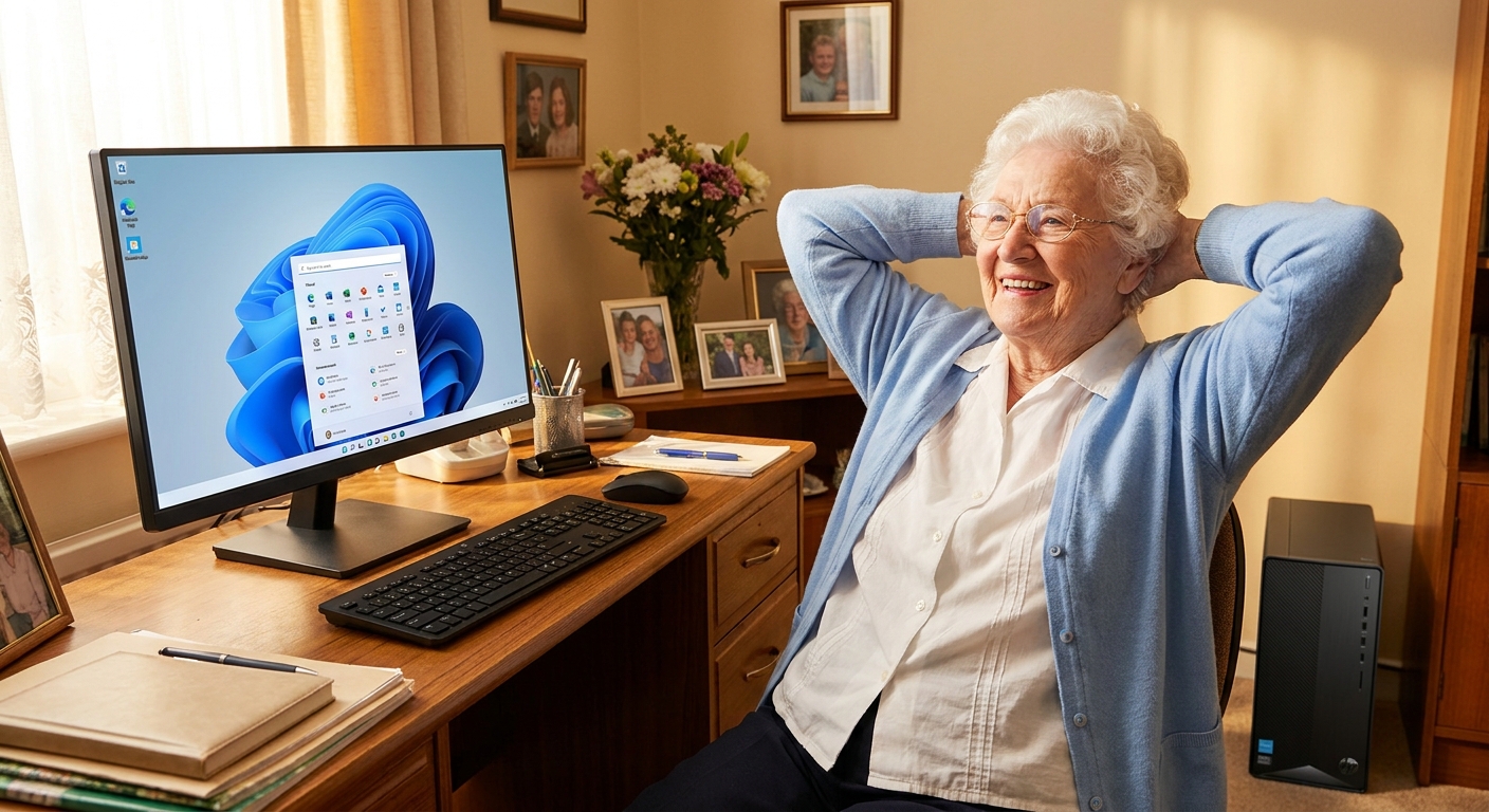 IT support Hobart — relieved local customer relaxing at her home desk with her computer working again after an onsite visit from The Original PC Doctor